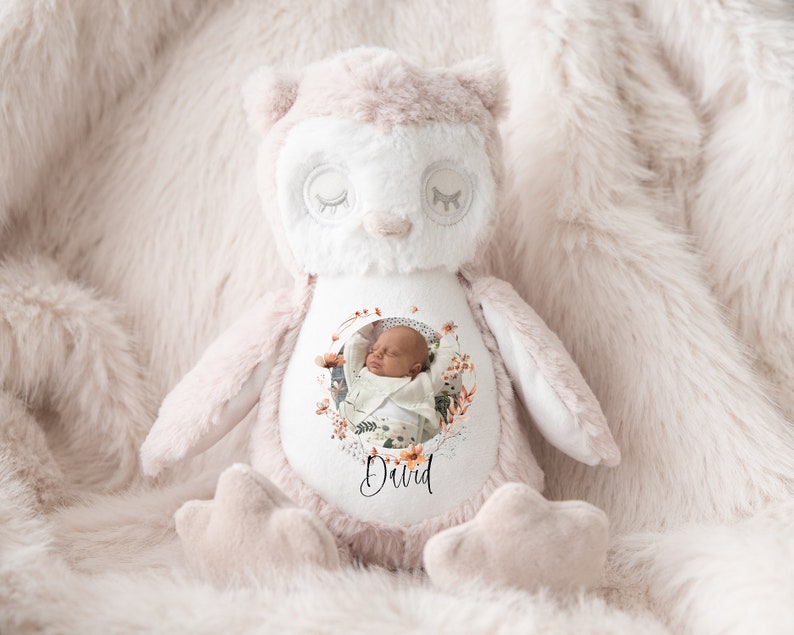 personalisiertes Plüschtier Kuscheltier Geschenk für Kinder Eule personalisiertes Geschenk mit Foto Bild 2