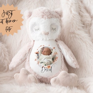 Può includere: Un peluche a forma di gufo, rosa e bianco, con una foto di un bambino in una cornice floreale. Il giocattolo ha gli occhi chiusi e un testo in tedesco su una stella.