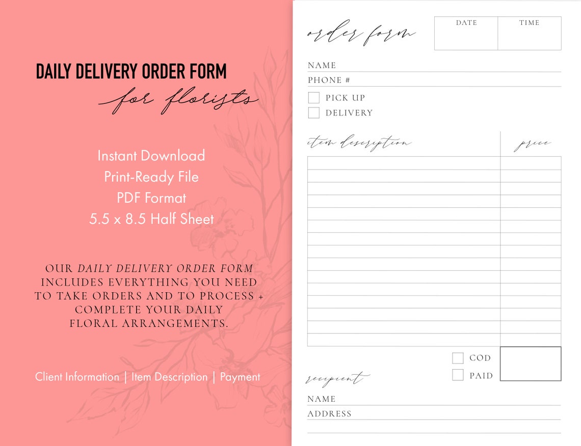 Florist Order Form Printable Order Form For Flower Shops Etsy