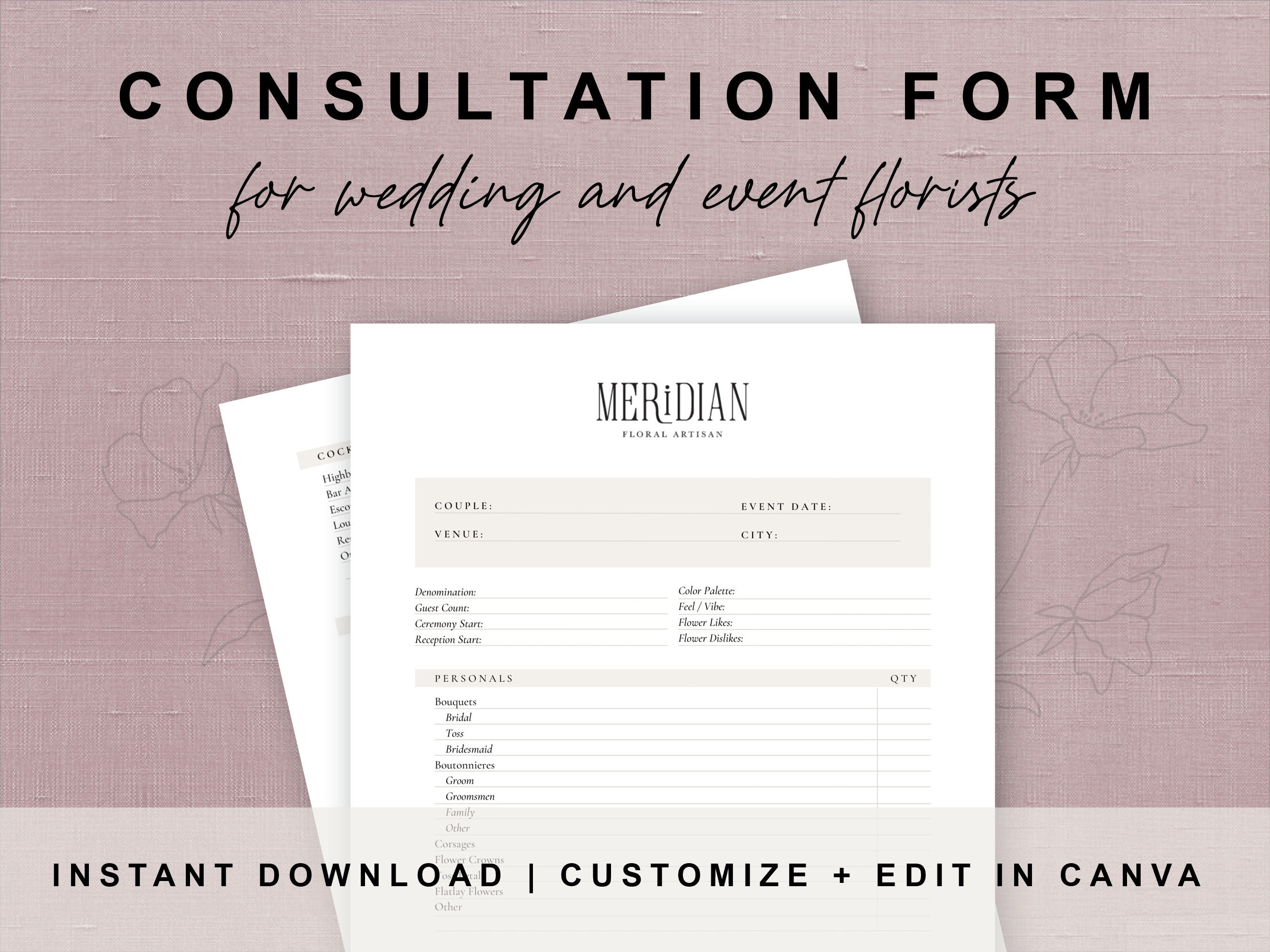 Wedding Florist Consultation Form Printable Canva Template Etsy