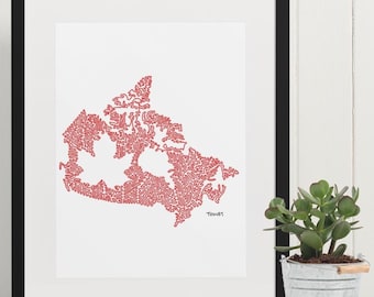 Canada One Line Map Art Print – Minimalist Continuous Drawing (Red)