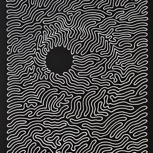 May include: Abstract black and white artwork featuring a central dark circle surrounded by a pattern of white, wavy lines. The lines create a maze-like effect, with the artist's signature in the bottom right corner.