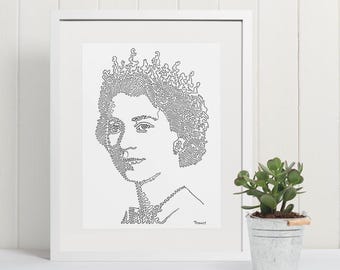 Queen Elizabeth II Line Art Print – Minimalist Royal Portrait – Pen Plotted Artwork