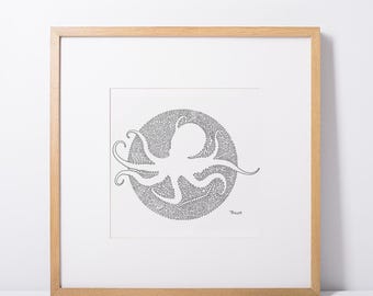 Octopus Line Art Print – Minimalist Ocean Wall Art – Single Line Drawing – Hidden Shark Illustration