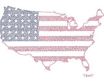 USA Line Art Print – Patriotic Map Illustration, Single Continuous Line Drawing