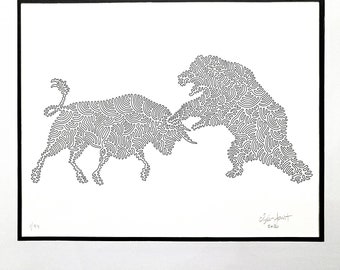 One line numbered and signed print of "The Bull vs Bear" by artist Tyler Foust