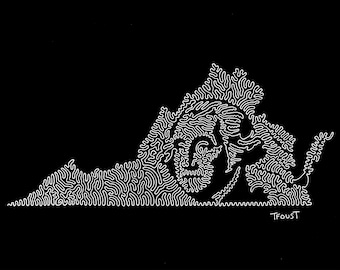 Virginia Continuous Line Map Art – Minimalist State Print – George Washington Portrait