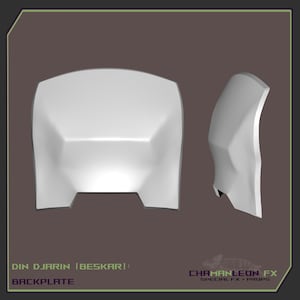 Op de afbeelding: Een witte, hoekige rugplaat prop, waarschijnlijk voor cosplay of kostuums, met een geometrisch ontwerp. De afbeelding toont de rugplaat van voren en van de zijkant, met de tekst "DIN DJARIN (BESKAR): BACKPLATE" en "CHAMANLEON FX SPECIAL FX + PROPS".