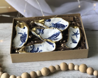 Decoupaged Oyster Shell Christmas Ornaments, Beach Decor, Set of 5