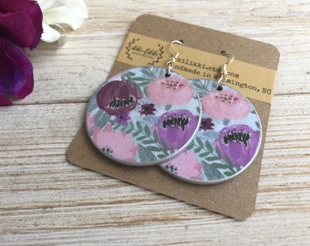 pink purple and light green colors Handmade wooden floral pattern decoupage earrings