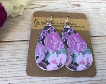 pink purple and light green colors Handmade wooden floral pattern decoupage earrings