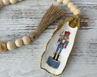 Nutcracker Oyster Shell Garland: Decoupage Christmas Ornament, Wood Beads