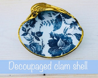Decoupaged Clam Shell Ring Dish, Blue Rose Pattern, Gold Edging