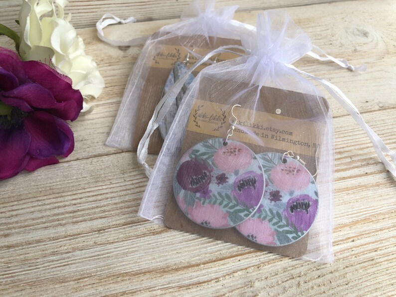 pink purple and light green colors Handmade wooden floral pattern decoupage earrings