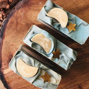 Handmade Artisan Vegan Soap Bar Decorated with Moon and Stars. Sandalwood, Patchouli, Amber. Unique gift for moon lovers. Eco Friendly Gift. image 2