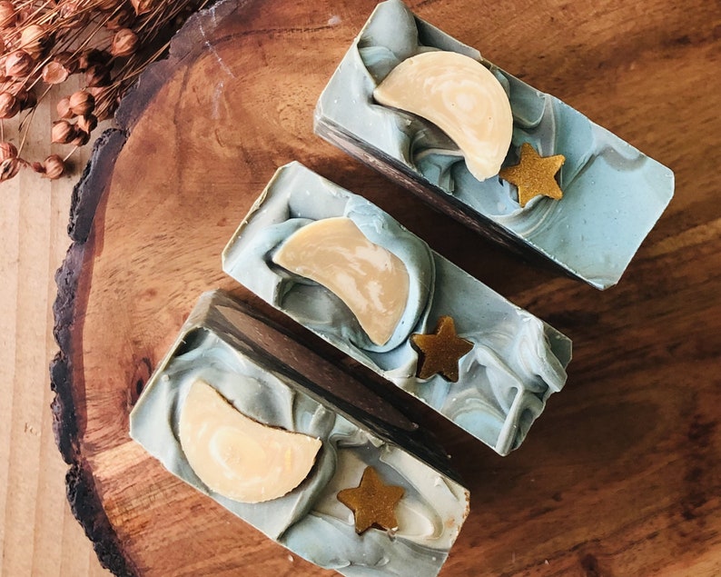 Handmade Artisan Vegan Soap Bar Decorated with Moon and Stars. Sandalwood, Patchouli, Amber. Unique gift for moon lovers. Eco Friendly Gift. image 2