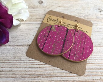 Round wooden pink decoupage earrings light weight