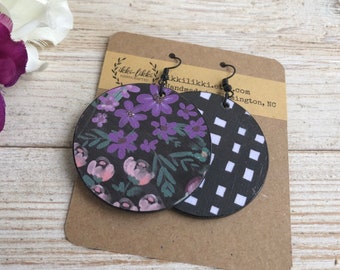 Handmade wooden round floral pattern decoupage earrings - black with pink and purple flowers