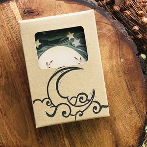 Handmade Artisan Vegan Soap Bar Decorated with Moon and Stars. Sandalwood, Patchouli, Amber. Unique gift for moon lovers. Eco Friendly Gift. image 4
