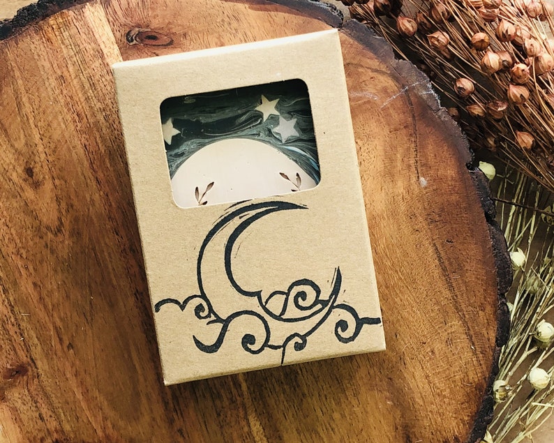 Handmade Artisan Vegan Soap Bar Decorated with Moon and Stars. Sandalwood, Patchouli, Amber. Unique gift for moon lovers. Eco Friendly Gift. image 4