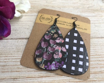 Handmade wooden floral pattern lightweight earrings teardrop shape - black with pink and purple flowers