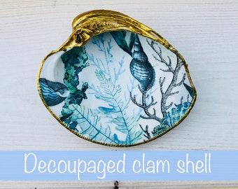 Decoupaged Clam Shell Dish, Gold Edged Ocean Coral Design