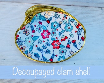 Decoupaged Clam Shell Ring Dish with Gold Edging and Floral Pattern