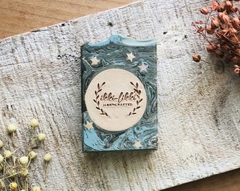 Handmade Artisan Vegan Soap Bar Decorated with Moon and Stars. Sandalwood, Patchouli, Amber. Unique gift for moon lovers. Eco Friendly Gift.