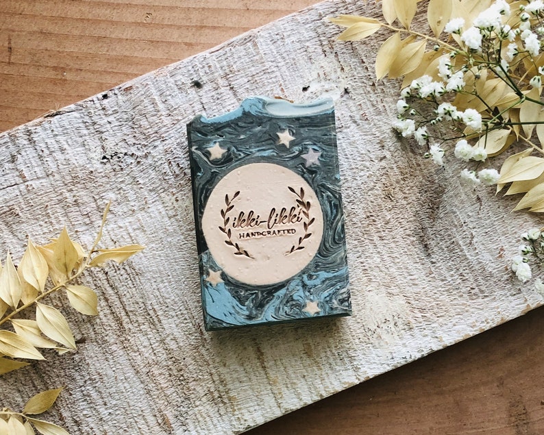 Handmade Artisan Vegan Soap Bar Decorated with Moon and Stars. Sandalwood, Patchouli, Amber. Unique gift for moon lovers. Eco Friendly Gift. image 5