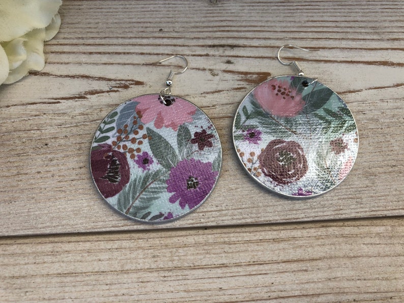pink purple and light green colors Handmade wooden floral pattern decoupage earrings