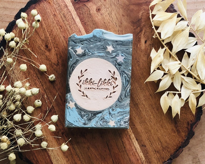 Handmade Artisan Vegan Soap Bar Decorated with Moon and Stars. Sandalwood, Patchouli, Amber. Unique gift for moon lovers. Eco Friendly Gift. image 3