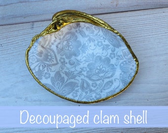 Decoupaged Clam Shell Ring Dish, Gold Edged Floral Pattern