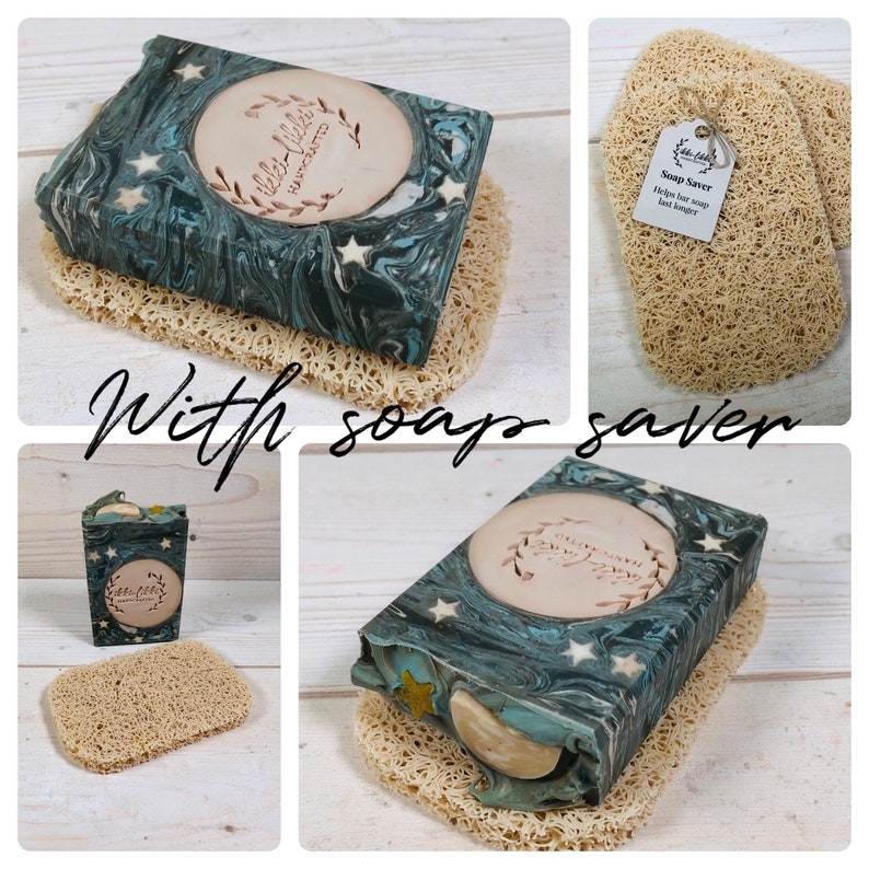 Handmade Artisan Vegan Soap Bar Decorated with Moon and Stars. Sandalwood, Patchouli, Amber. Unique gift for moon lovers. Eco Friendly Gift. Soap + Soap Saver