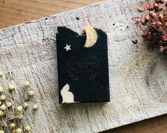 Activated Charcoal Handmade Artisan Vegan Soap Bar with Cat and Moon. Patchouli, Sandalwood, Musk. Unique gift for cat lover. Eco Friendly.