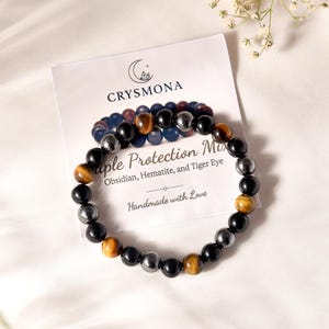 Triple Protection Healing Crystal Bracelet Women Men 8mm Natural Beaded Bracelet Jewelry Birthday Gift Round Gemstones Stretch Bracelet