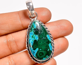 Handmade Natural Chrysocolla Malachite Gemstone Pendant with adjustable chain 925 Sterling Silver Boho Healing Jewelry Gift for Her