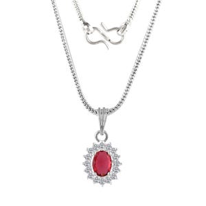 Red Cubic Zirconia Pendant Necklace for Women - Dainty 925 Sterling Silver Halo Necklace Red Zirconia Gemstone - Perfect Gift for Her