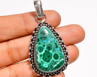 Handmade Natural Chrysocolla Malachite Gemstone Pendant with adjustable chain 925 Sterling Silver Boho Healing Jewelry Gift for Her
