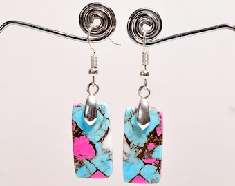 Natural Pink Candy Turquoise Sterling Silver Dangle Earrings - Pink Copper Turquoise Earrings - Dangle Earrings - Gift For Her 2" Inches