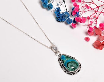 Handmade Natural Chrysocolla Malachite Gemstone Pendant with adjustable chain 925 Sterling Silver Boho Healing Jewelry Gift for Her