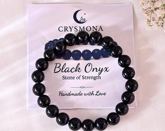 Black Onyx Healing Crystal Bracelet Women Men 8 mm Natural Stone Beaded Bracelets Jewelry Birthday Gifts Round Gemstones Stretch Bracelet