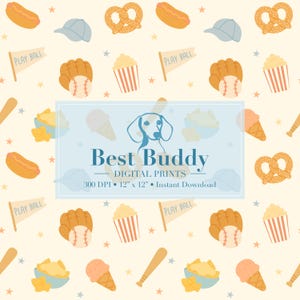 Peut inclure: Motif répété d'illustrations sur le thème du baseball sur fond crème. Le motif comprend des hot-dogs, des bretzels, des casquettes de baseball, du pop-corn, des gants de baseball avec des balles, des cornets de glace, des battes de baseball et des drapeaux avec l'inscription "PLAY BALL". Le texte "Best Buddy DIGITAL PRINTS" est également inclus.