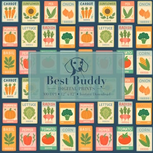 May include: A seamless pattern featuring colourful illustrations of various vegetable seed packets. Each packet has a different vegetable name, such as carrot, lettuce, and tomato, and the words "seeds" is printed on each packet. The background is a dark blue colour.