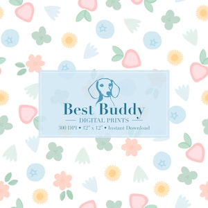 Puede incluir: Una impresión digital con un patrón repetitivo de fresas rosas pastel, flores amarillas, arándanos azules y hojas verdes sobre un fondo blanco. La impresión está etiquetada "Best Buddy - Digital Prints - 300 DPI - 12" x 12" - Descarga instantánea".