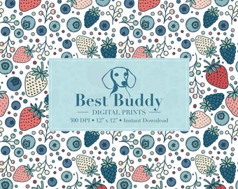 Strawberry Seamless Pattern Hand-Drawn PNG Download Digital Paper Fabric Surface Design Sublimation Blueberry File