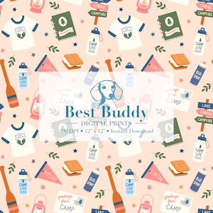 May include: A repeating pattern of camping-themed illustrations on a light peach background. The design includes t-shirts, water bottles, notebooks, bug spray, oars, lanterns, and signs. The text includes "Camp Life", "Explore", and "Greetings from Camp".