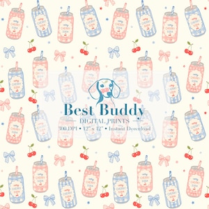 May include: A digital print featuring a repeating pattern of pink and blue cherry soda cans, cherries, and bows on a cream background. The text "Best Buddy" and "Digital Prints" are also visible. The print measures 12 x 12 inches.