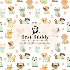 Dog Cat Medical Seamless Pattern Hand-Drawn PNG Download Digital Paper Fabric Surface Design Sublimation Vet File