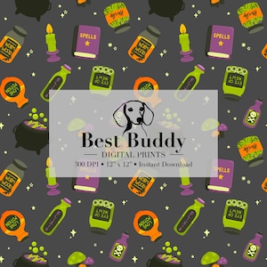 May include: A seamless pattern featuring Halloween-themed illustrations on a dark gray background. The design includes potion bottles, spell books, candles, cauldrons, and jars labeled "Worm Wood" and "Herbs". The text "Best Buddy" is also visible.