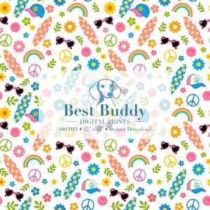 May include: A white background is covered with a repeating pattern of colorful surfboards, sunglasses, flowers, rainbows, peace signs, smiley faces, and baseball caps. The words "Best Buddy" and "Digital Prints" are also visible.